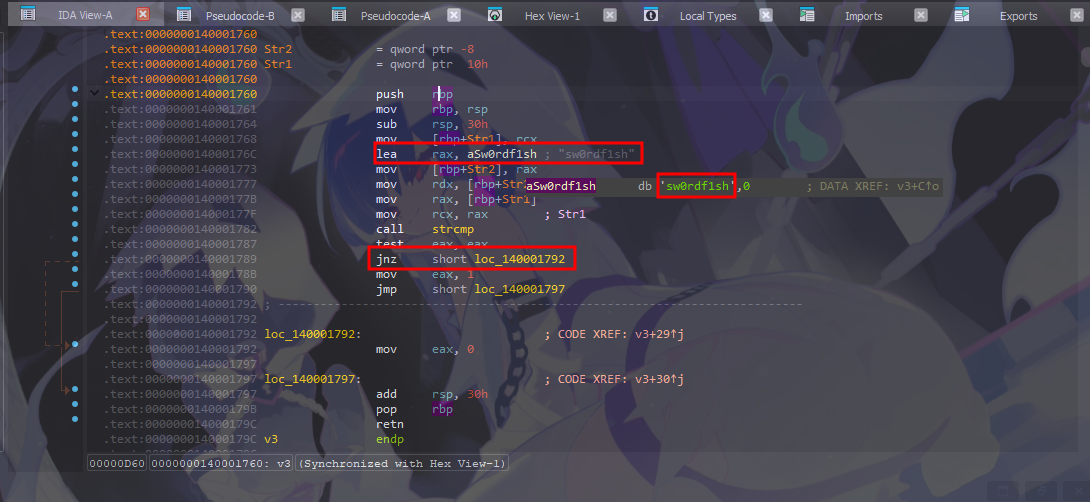 lea loading the plaintext password string directly by name, right there in the disassembly, no decoding needed