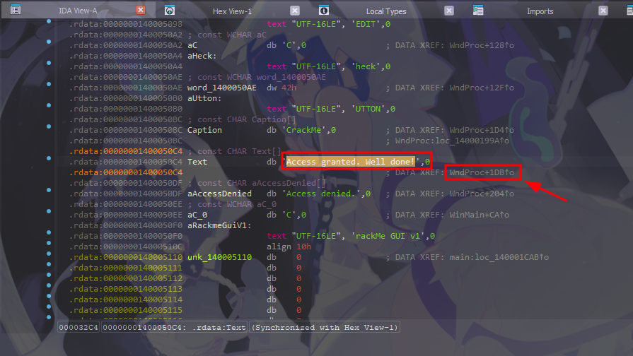WndProc dispatching on the Check button's control ID, then reading the edit box and calling into the comparison function